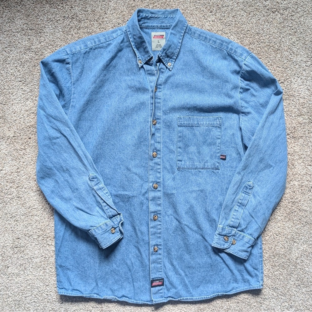 Dickies Mens Sz L 100% Cotton Lightweight Denim Long Sleeve Shirt Skater 90s Y2K